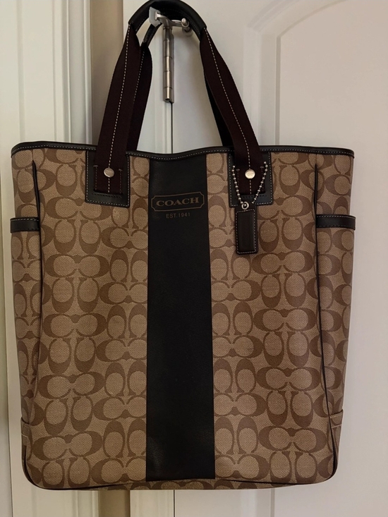 Coach Handbags - Coach Brown Signature Canvas Tote with Dark Brown Stripe